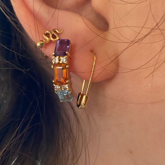 14K Multi Gemstone/Diamonds Earrings - Amethyst, Citrine, Topaz - Picture 4 of 16